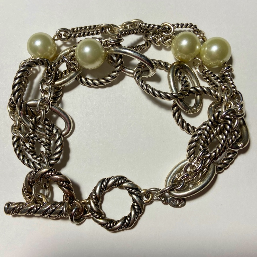 Premier Designs Silvertone 3 Strand Chunky Chain &Pearl Bracelet